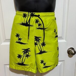PacSun Men's Yellow-Green Swim Trunks with Palm Print Size Large